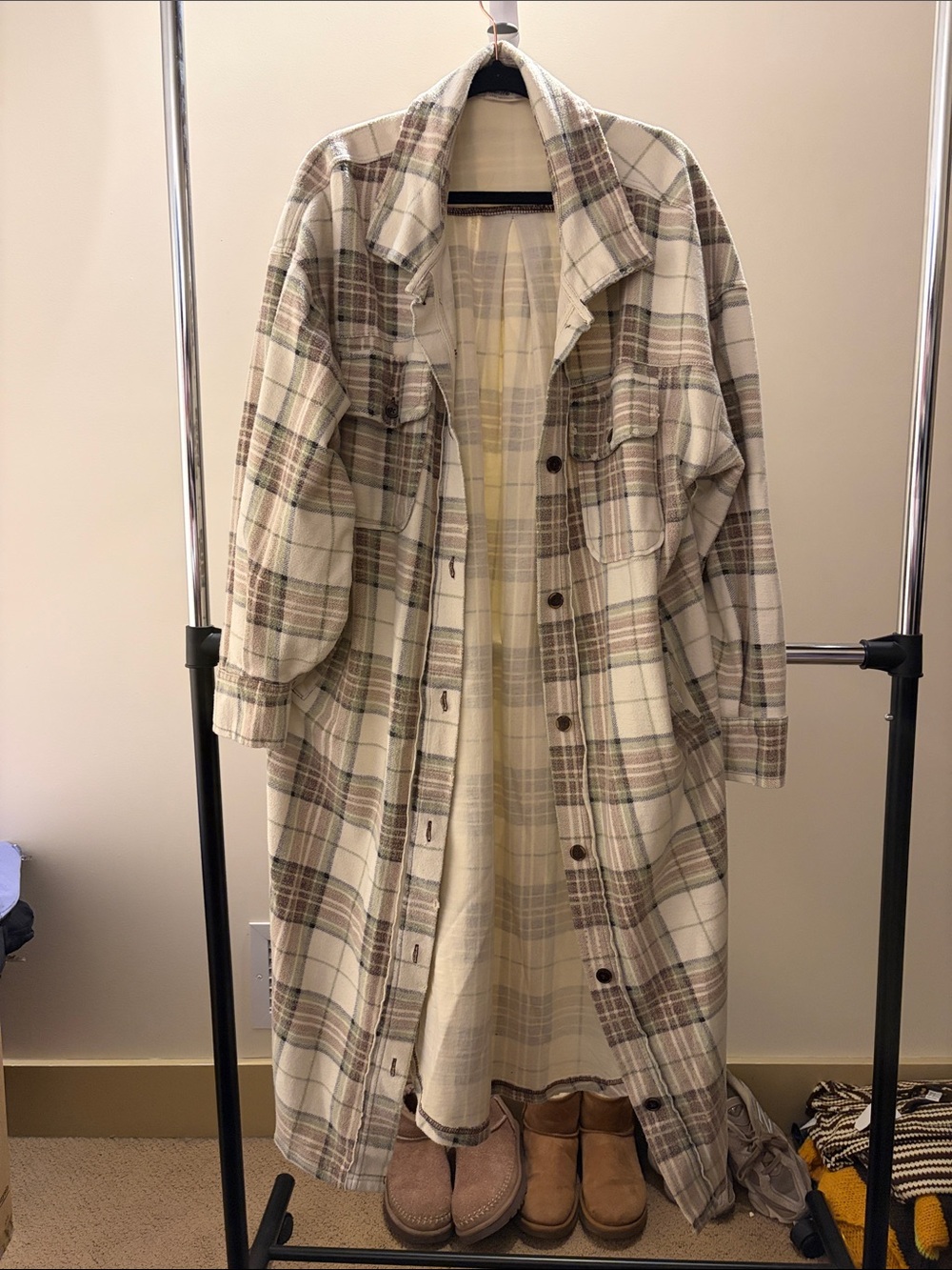 We The Free Cream & Brown Plaid Long Shacket